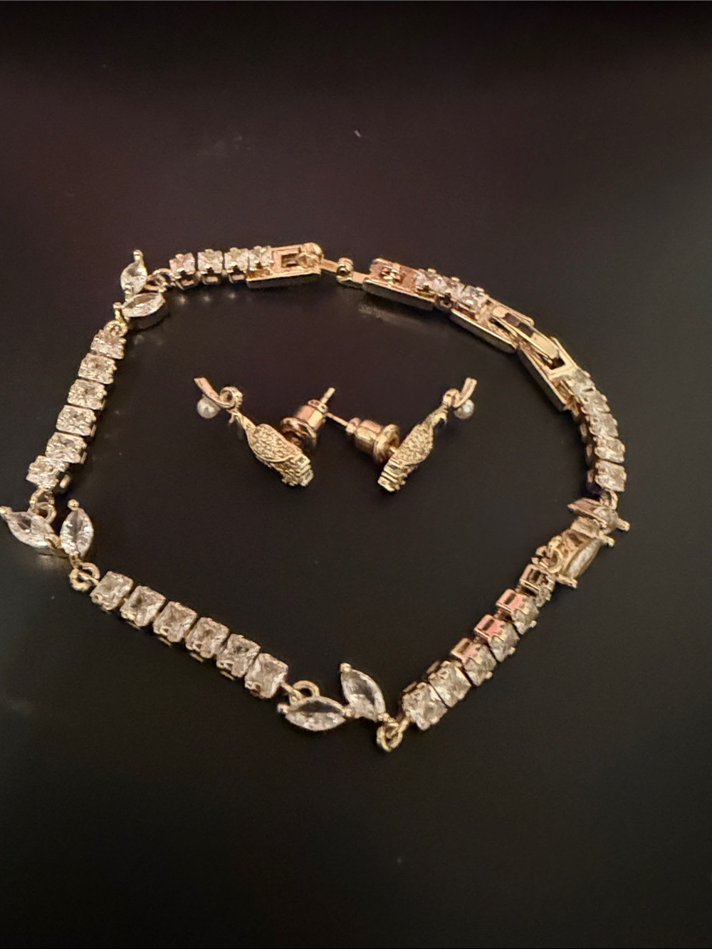 Gold-Tone Crystal Tennis Bracelet and Stud Earrings Set - Elegant Women Jewelry